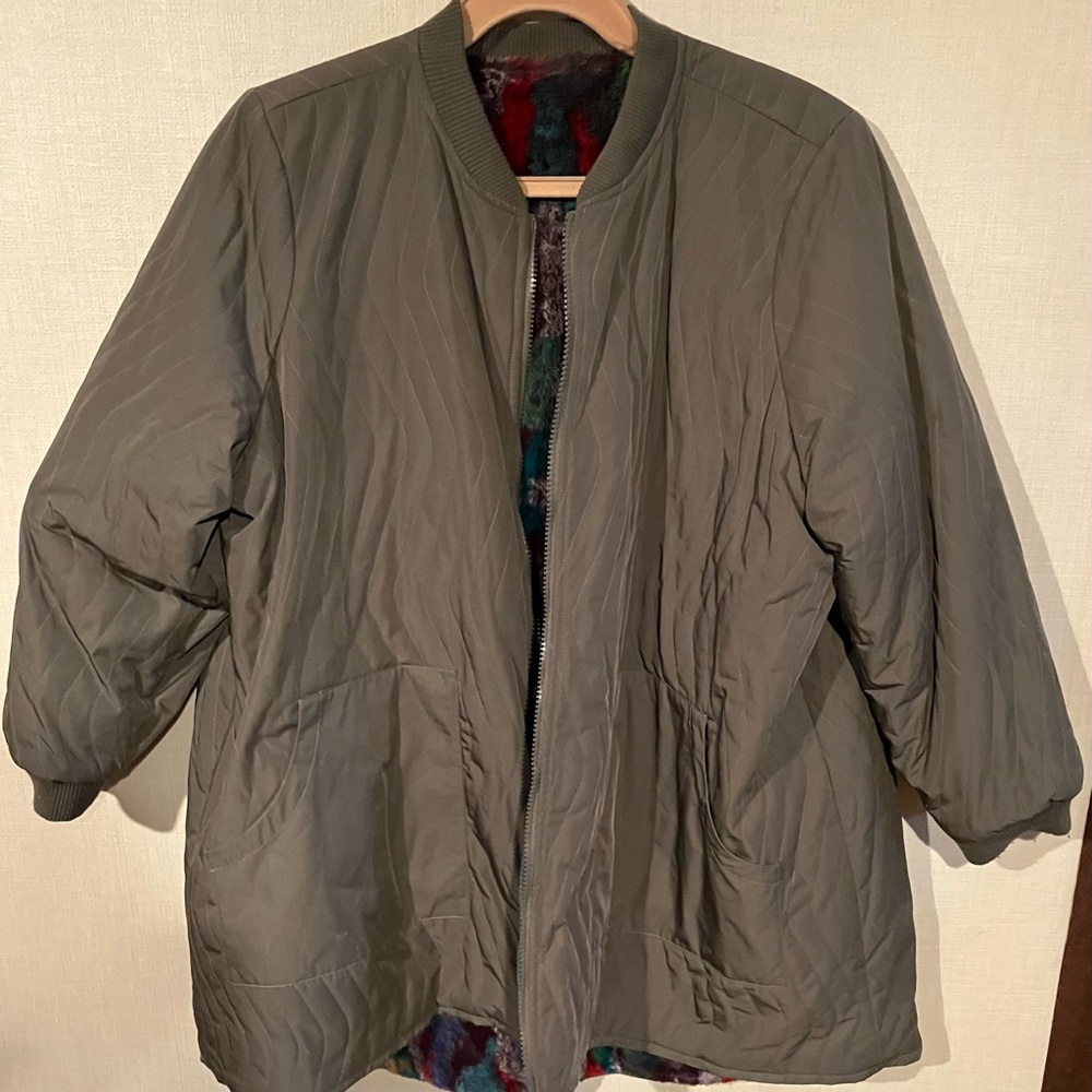 LOGO by Lori Goldstein Reversible Faux Fur & Quilted Coat Camo Green -